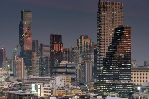 Panorama from IconSiam over the Mae Chao Praya, skyline of Bangkok, Thailand, Asia
