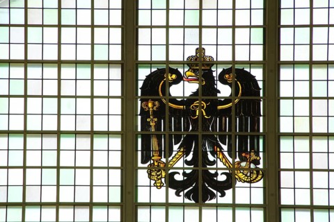 Stained glass window with German imperial eagle, national coat of arms, crown, black,