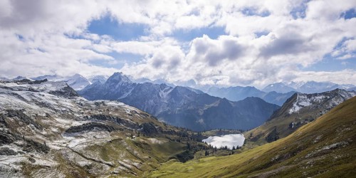 Panorama from Zeigersattel to Seealpsee, in the back left Höfats 2259m, Allgäu Alps, Allgäu,