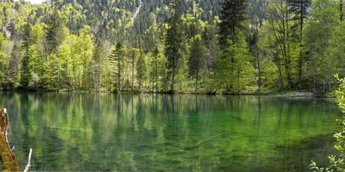 Christlessee on a sunny day in spring, a mountain lake in the Trettachtal, near Oberstdorf,