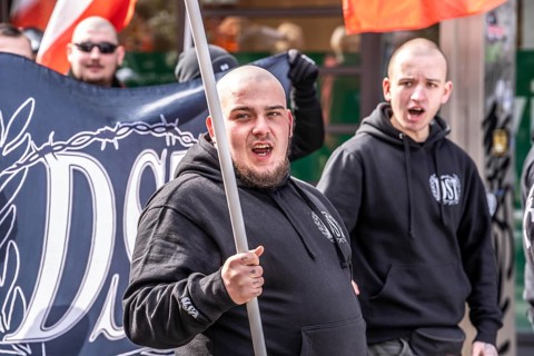 The neo-Nazi group Jung und Stark, JS, demonstrates in the city centre of Essen, demanding the