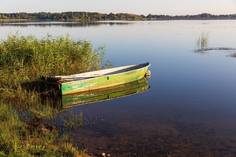 Rowing boat lying in the reeds at the old lido of the Quitzdorf dam, Upper Lusatia, Saxony,