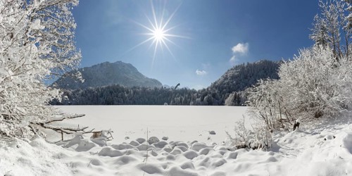 Freibergsee in winter, near Oberstdorf, behind it the Himmelschrofen, 1791m, and the Heini-Klopfer