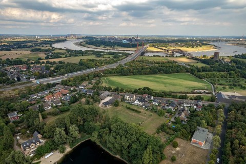 Aerial view of the Rhine between Duisburg and Moers, North Rhine-Westphalia, Germany, Europe
