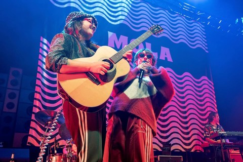 Isabella Streifeneder, singer, right, Mola, rock band, Germany, at the Max-Schmeling-Halle in
