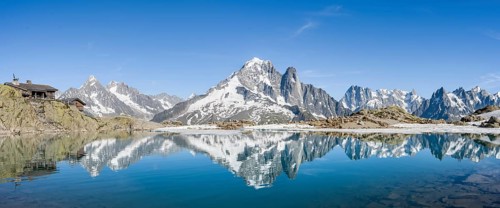 Mountain landscape with mountain lake, water reflection in Lac Blanc, mountain peak, Aiguille