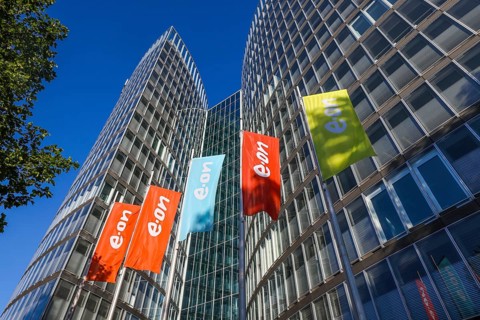 Essen, North Rhine-Westphalia, Germany, E.ON headquarters. e.on company logos on flags in front of
