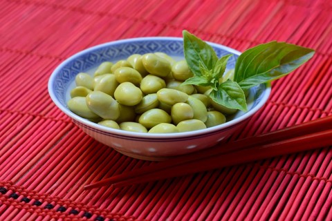 Edamame, unripe soya beans in shell, Glycine max