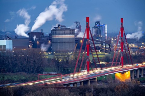 Thyssenkrupp Steel steelworks, blast furnaces 8 and 9, gasometer, motorway bridge of the A42 over