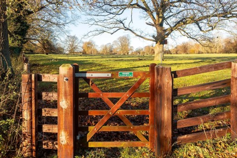 Access to countryside, Private No Public Right of Way sign on gate to field, Sutton, Suffolk,