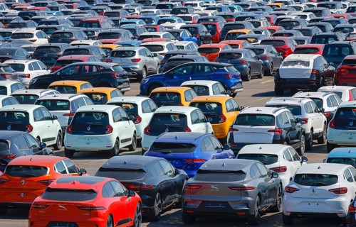 Duisburg, North Rhine-Westphalia, Germany - New cars, transhipment centre, car terminal in Duisburg