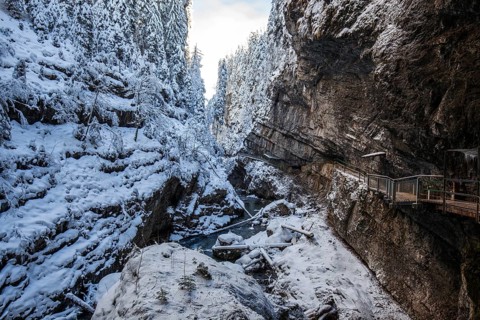 Winter, snowy landscape, river Breitach and hiking trail through the Breitachklamm gorge near