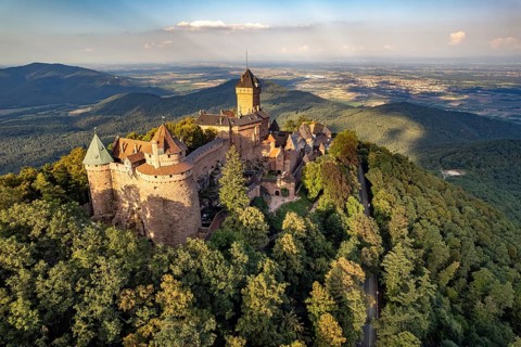 The Haut-Koenigsbourg Castle seen from the air, Orschwiller, Alsace, France, Europe