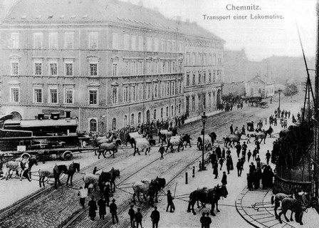 Transport of a locomotive, Sächsische XV Nr.175 con der Sächsischen Maschinenfabrik, ca 1900,