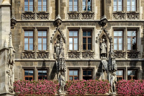 Detail of the main façade of the New Town Hall on Marienplatz in Munich, Bavaria, Germany, Europe