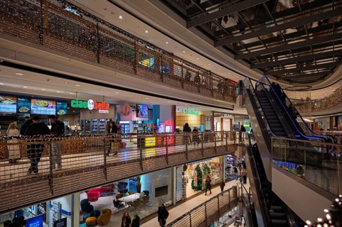 Interior shot, Königsbau-Passagen shopping arcade, escalator, decorated for Christmas, shopping