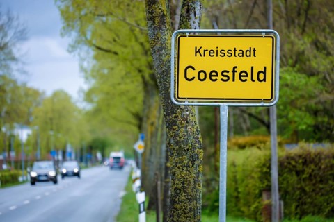 Coesfeld, North Rhine-Westphalia, Germany - Place name sign in times of the corona pandemic,
