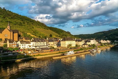 Moselle harbour and St Remaclus church in Cochem, Rhineland-Palatinate, Germany, Europe