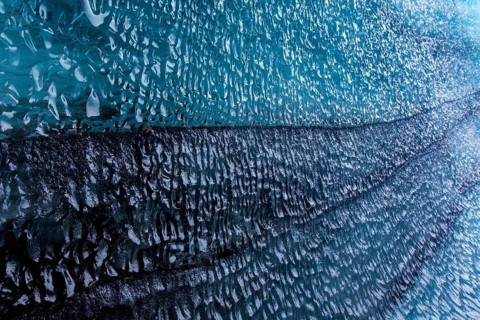 Mýrdalsjökull glacier with layers of black volcanic ash, ice cap on the top of the active Katla