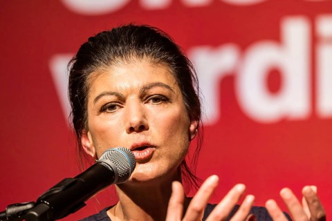 Sahra Wagenecht during her election campaign speech, portrait. Election event of the party Bündnis