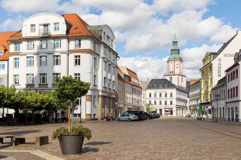 Obermarkt with Nicolaikirche and Altes Amtshaus, Döbeln, Saxony, Germany, Europe
