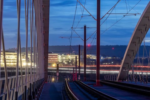 Modern light rail bridge made of carbon from Stuttgarter Straßenbahnen AG over the motorway in the