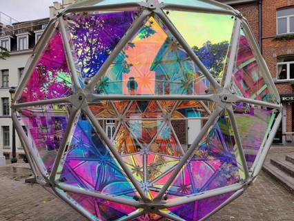 Marollescenece, art installation, title Dichroic Moon, object with a dichroic foil coating, Rue de