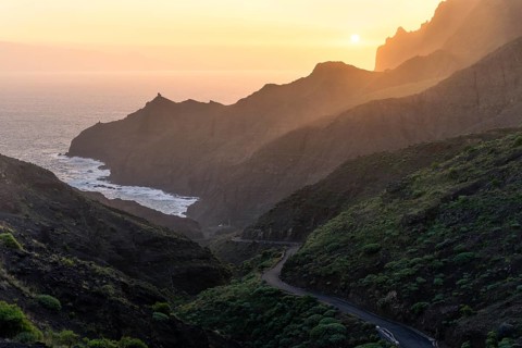 View of Punta San Lorenzo, Punta Sabina and the road to Playa de La Caleta. In the morning, golden