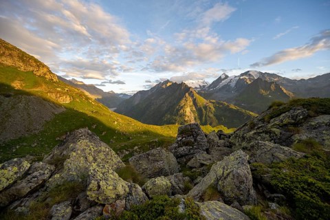 Mountain landscape at sunset at the Cabane de Louvie, summit Grand Combin de Grafeneire, Fionnay,