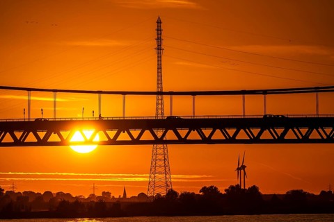 Traffic on the Rhine bridge Emmerich, federal road B220, evening light, with 803 m the longest
