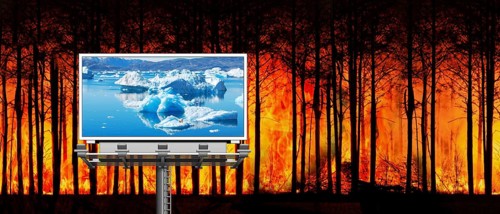 Symbolic image, forest fire, billboard with icebergs and polar bear, threat to paradise, water