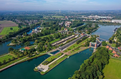 Waltrop, North Rhine-Westphalia, Germany - Waltrop boat lift and lock park. The four descending