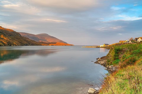 Tabor Siar inlet with surrounding mountains in the morning light, Isle of Lewis, North Atlantic,