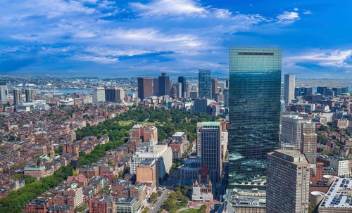 Panoramic aerial view of Boston financial district, historic center, Beacon Hill and Charles River