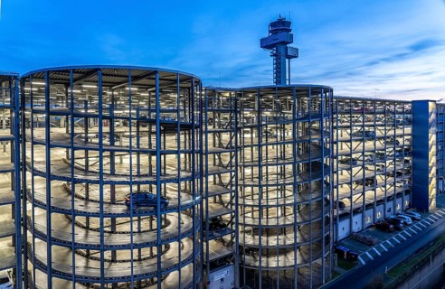 Düsseldorf Airport, German Air Traffic Control Tower, DFS, car park, North Rhine-Westphalia,