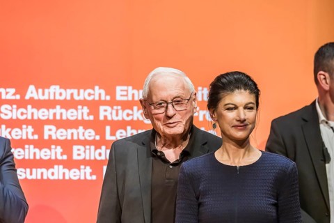 Oskar Lafontaine and Sahra Wagenecht at an election event of the party Bündnis Sahra Wagenknecht