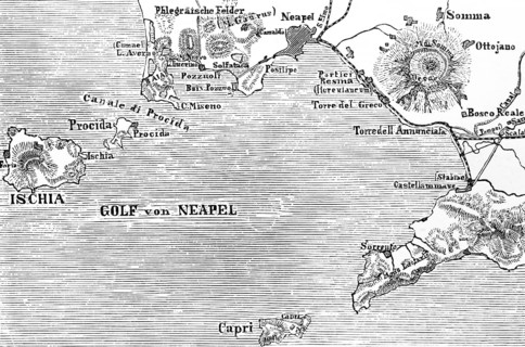 Topographic map of the Gulf of Naples with Vesuvius, islands of Capri and Ischia, geography, Italy,