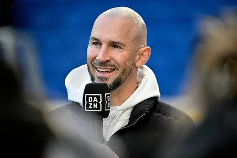 Coach Christian Ilzer TSG 1899 Hoffenheim Portrait in interview Microphone Micro Logo DAZN PreZero
