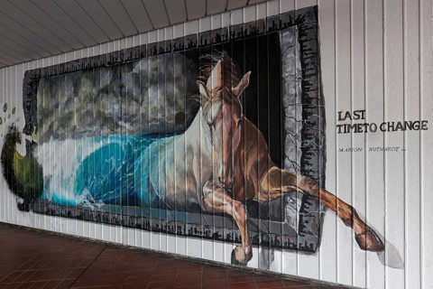 Horse jumps out of a wave, Last Time To Change, symbolic mural on the subject of global warming,