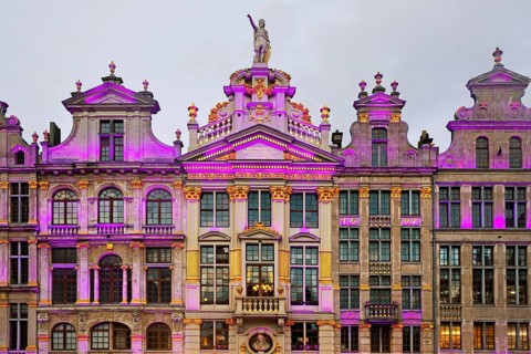 The illuminated statue of Bishop Boniface of Lausanne on the guildhall La Chaloupe d'Or,