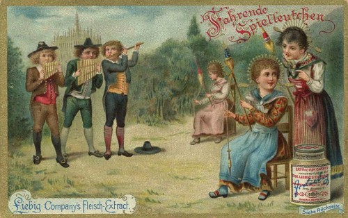 Picture series Children as travelling minstrels, Liebig picture, digitally restored reproduction of