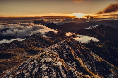 Sunrise hike on the Hochplatte in the Ammergau Alps, Ammergebirge in the Allgäu, Bavaria, Germany,