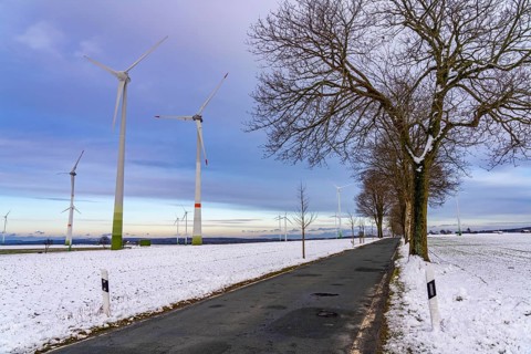 Country road, wind farm, north of Lichtenau, self-proclaimed energy town, over 190 wind turbines