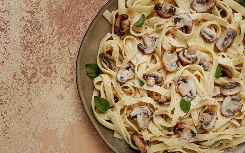 Fettuccine with champignons, basil, in cream sauce, homemade, no people