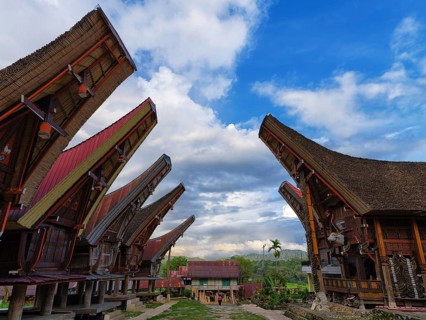Old traditional wooden houses, villages, pile dwellings with curved colourful roofs, Tana Toraja,