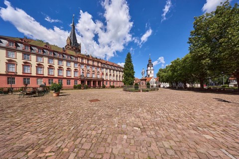 Erbach Castle, trees, cobblestones, church tower of Erbach town church, blue sky with cumulus