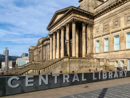 Portico entrance Neoclassical architecture of World Museum, Central Library buildings, city centre