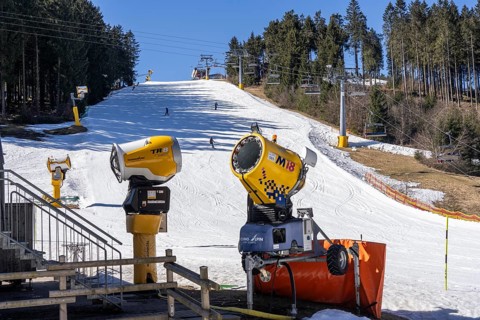 Winter sports area in the Sauerland, Winterberg ski lift carousel, artificial snow slopes,
