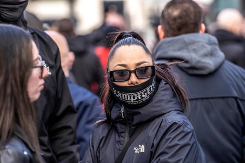 The neo-Nazi group Jung und Stark, JS, demonstrates in the city centre of Essen, demanding the