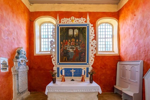 Altar with communion painting in the medieval fieldstone church of Zeuden, Fläming, Brandenburg,